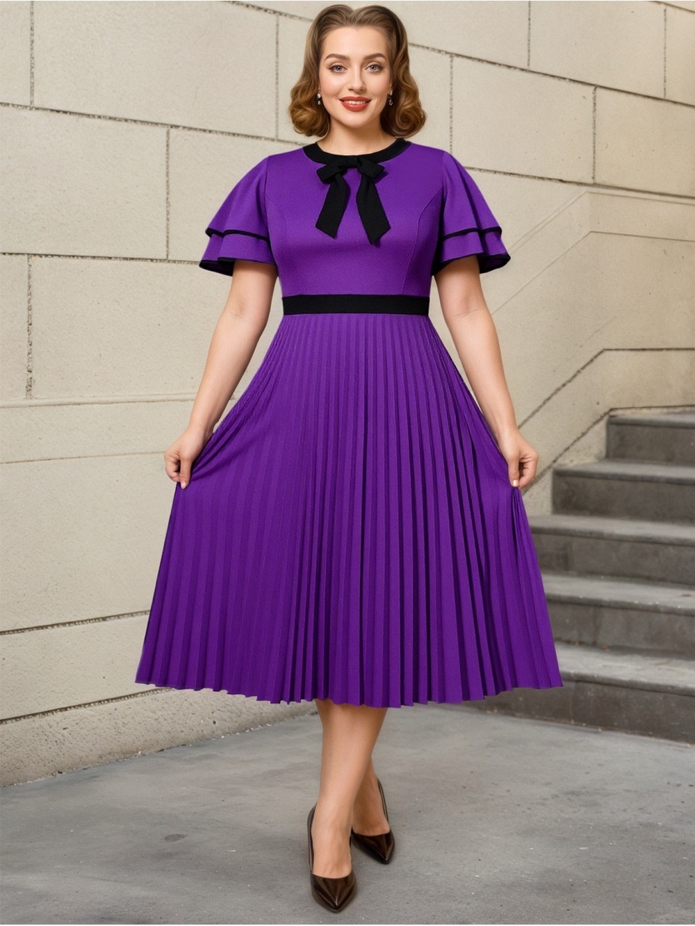 Elegant Purple Pleated Midi Dress with Black Accents